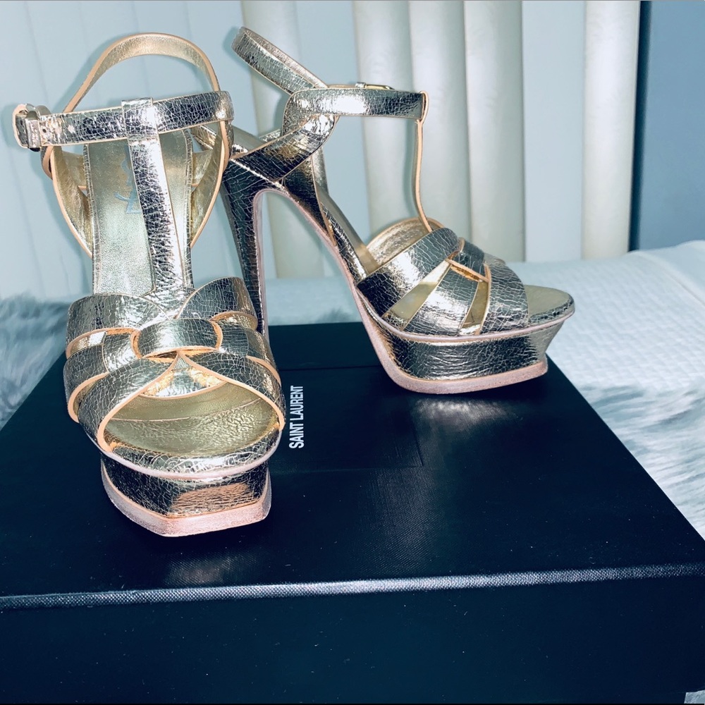 Yves Saint Laurent gold tribute heels